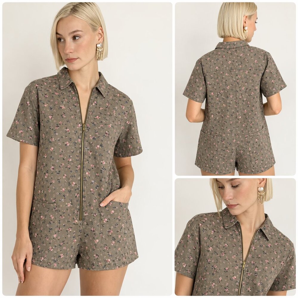 Aureum Olive Ditsy Floral Zip Front Utility Romper Playsuit Boxy Fit Sz S
